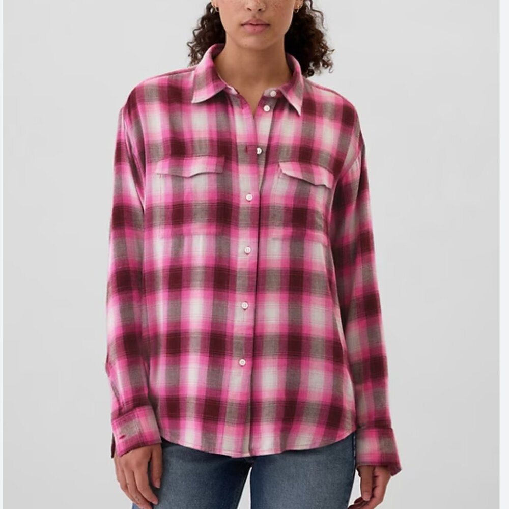 Women GAP Pink Plaid Button Down Long Sleeve Shirt in Pink Size Extra Large